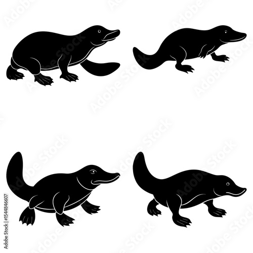 Four stylized black platypus illustrations in varying poses on a white background display art