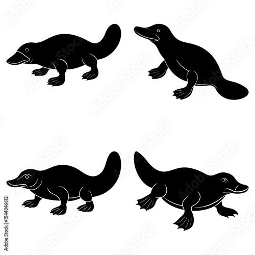 Four platypus silhouettes in various poses against a white background showcasing their unique features