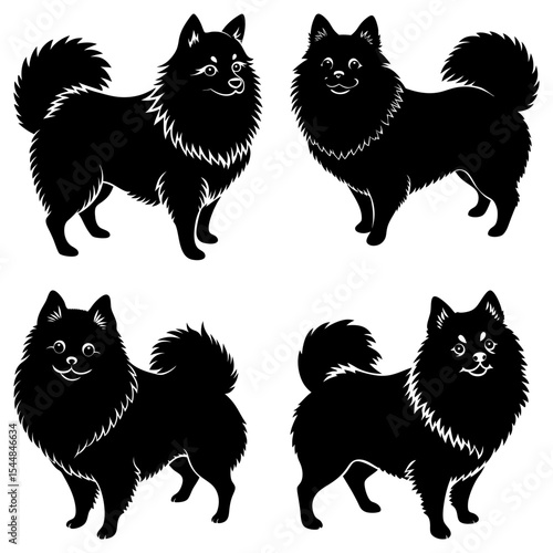 Four black spitz dogs in various poses with fluffy tails and detailed fur in silhouette style illustration