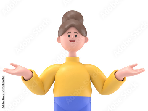 3D illustration of Asian woman Angela surrounded by question marks.Transparent Background Mockup.Supports PNG files with transparent backgrounds.