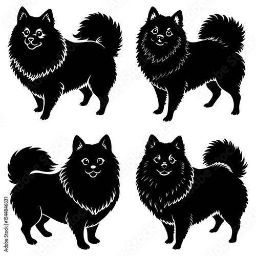 Four black spitz dogs in silhouette standing with fluffy tails and smiling on a white background art