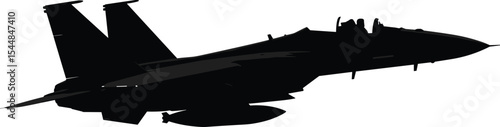 Silhouette of military fighter jet flying in sky, combat aircraft with twin tail, fast aviation vehicle, supersonic speed, armed forces equipment, aviation power concept design