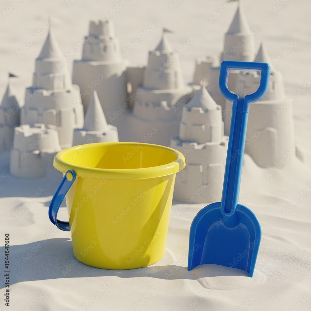 Obraz premium Yellow Sand Bucket and Blue Shovel in Front of Intricate Sandcastles on a White Sandy Beach Perfect Summer Playtime Scene
