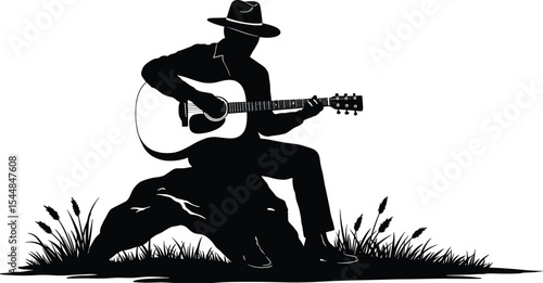 Silhouette of a man playing acoustic guitar on rock, countryside setting, relaxing musician in hat, peaceful nature background, folk music scene, rural mood illustration art