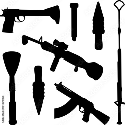 "Silhouetted image set of improvised or homemade weapons—pipe guns, modified tools, and unconventional devices—arranged evenly in a grid on a white background. Flat view, minimalist design."



