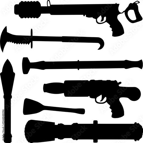 "Silhouetted image set of improvised or homemade weapons—pipe guns, modified tools, and unconventional devices—arranged evenly in a grid on a white background. Flat view, minimalist design."



