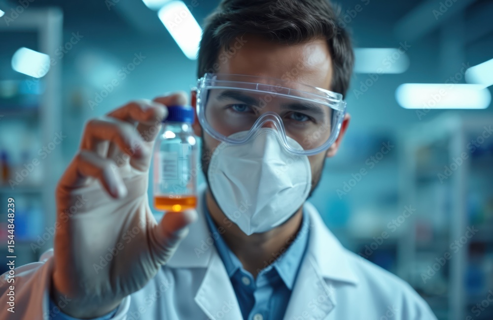 Male scientist, lab worker with protective goggles, FFP2 KN95 N95 mask. Holding glass vial with liquid. Research lab environment. Science, medicine, pharmaceutical, vaccine, virus, healthcare. Male scientist, lab worker with protective goggles, FFP2 KN95 N95 mask. Holding glass vial with liquid. Research lab environment. Science, medicine, pharmaceutical, vaccine, virus, healthcare.