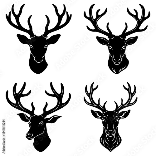 Four deer heads with antlers in black silhouette on a white background in a symmetrical arrangement