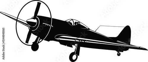Black and white vintage military fighter airplane, vector illustration, silhouette aircraft design, retro propeller plane graphic, classic aviation art, aircraft drawing isolated for stock