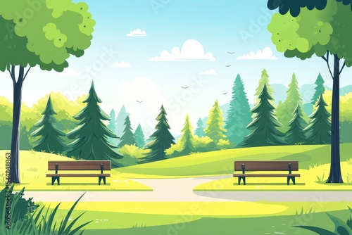 A national park on a summer day features a sequoia forest landscape with a bench, surrounded by coniferous big green trees near a hiking trail