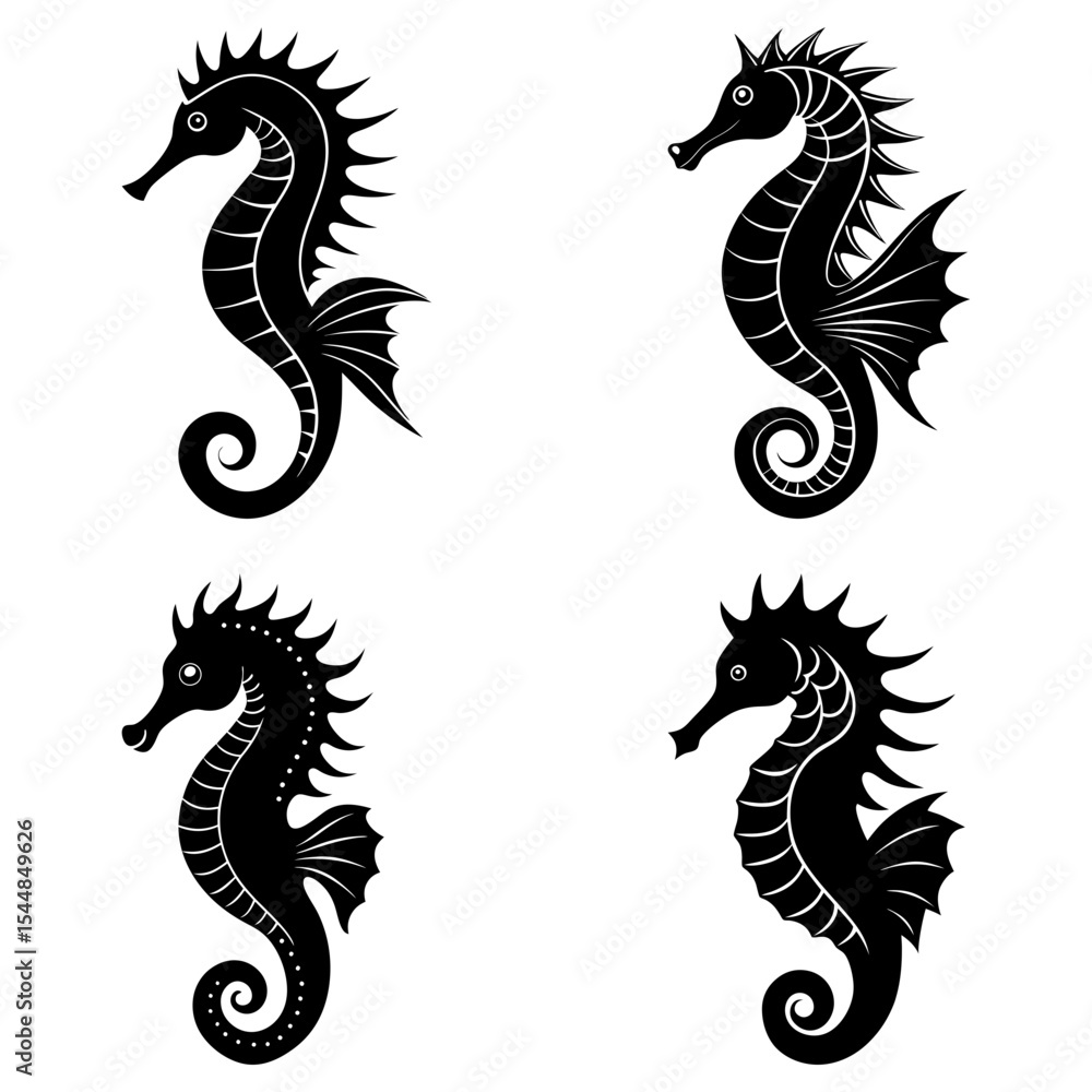 Fototapeta premium Four stylized seahorses in black silhouette with unique fin and spine designs on a white background
