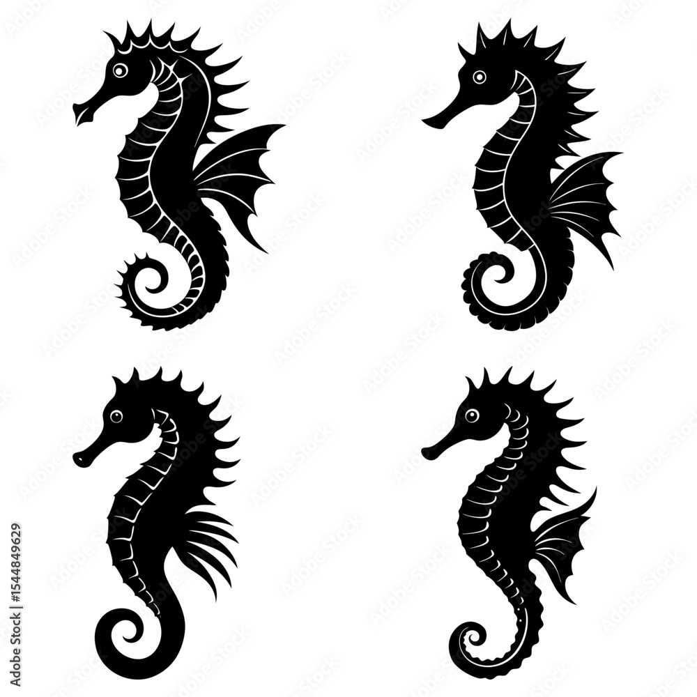 Obraz premium Four seahorses in black silhouette with spiky dorsal fins and curled tails on a white background