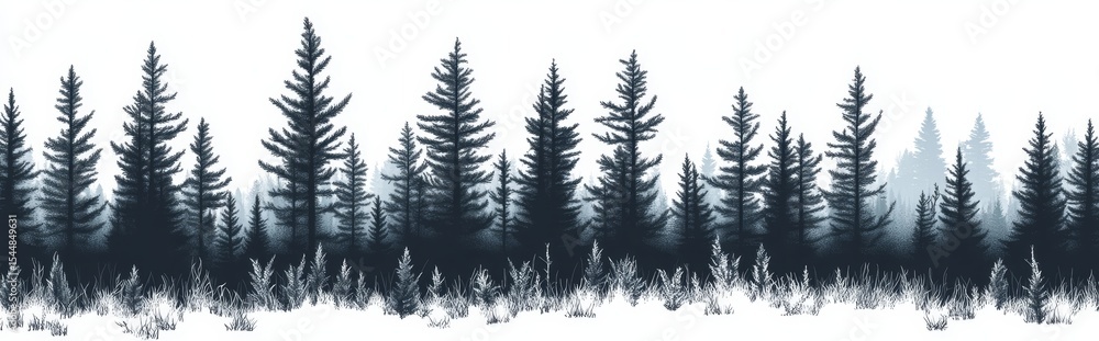 Obraz premium The silhouette of evergreen trees in a forest forms a seamless border in this modern illustration