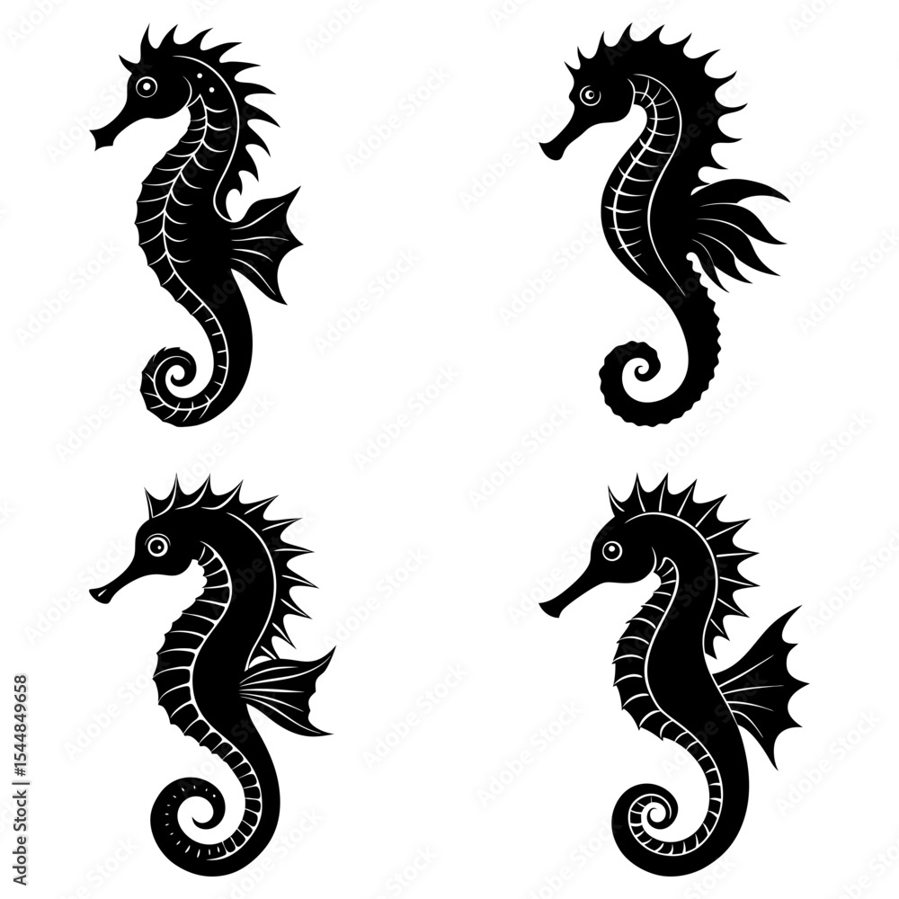 Obraz premium Four black seahorse silhouettes arranged in a square pattern on a white background illustration style