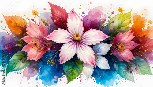 Fototapeta Naklejka Na Ścianę i Meble -  A vibrant and detailed watercolor painting of an assortment of bright pink and white flowers, surrounded by colorful leaves and subtle paint splashes, isolated on a white background.
