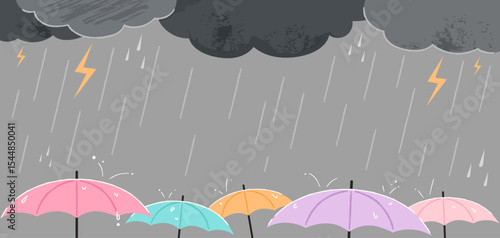 A background of rainy, gloomy weather. Umbrellas are getting rained on.