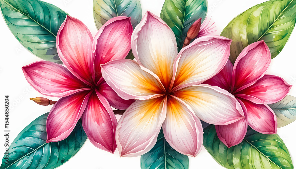 Fototapeta premium Bold pinks, pristine whites, and sunny yellows define this exquisite watercolor Plumeria cluster, perfect for a vibrant and artistic decorative touch, set against a bright, clean background.