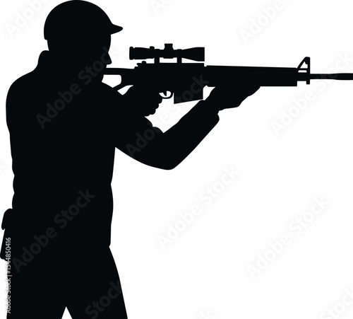 Silhouette of armed man aiming rifle, soldier with weapon scope, tactical marksman pose, black figure illustration, modern combat sniper, military training concept, firearm isolated design