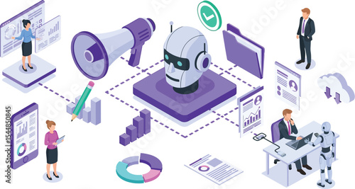 Isometric illustration of ai integration in business operations with human and robot collaboration