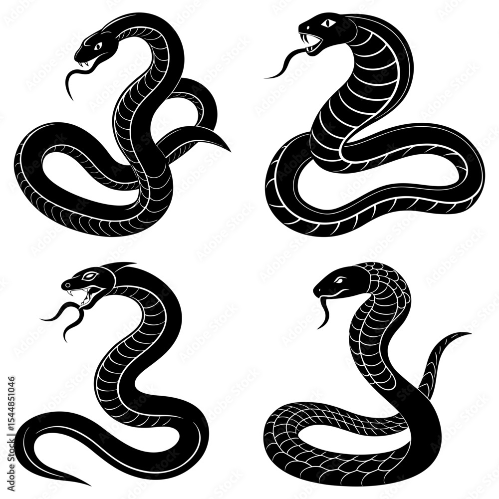 Fototapeta premium Four black cobra snakes in different poses with their tongues out on a white background illustration art