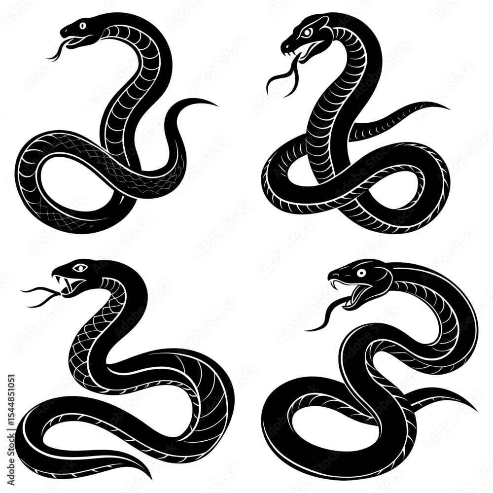 Obraz premium Four black and white stylized snakes with forked tongues in various coiled positions graphic art