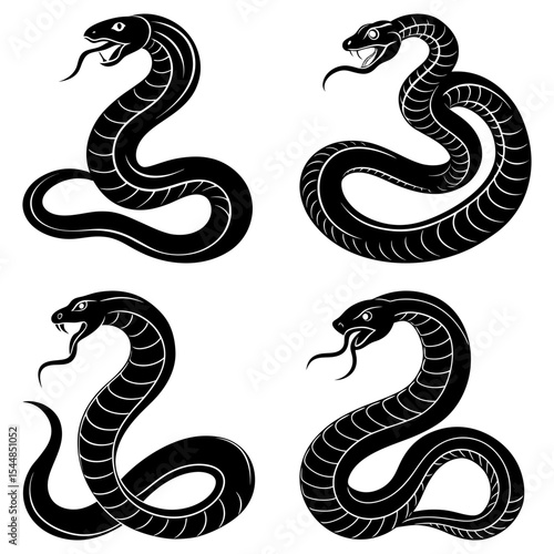 Four stylized black snakes with tongues out coiled in different poses on a white background illustration