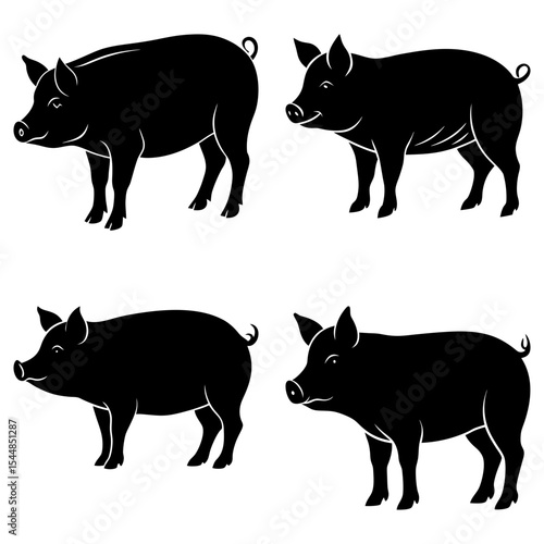 Four black pig silhouettes in various poses standing on a white background vector illustration art