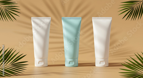 Wallpaper Mural Three cosmetic tubes stand on a tan surface with palm leaf shadows Torontodigital.ca