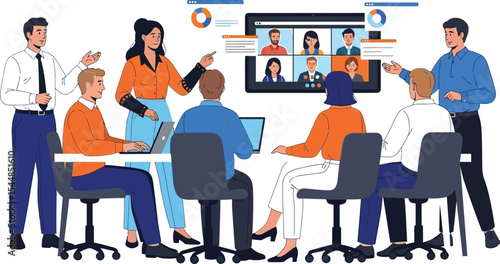 Illustration of a business meeting with in person and remote participants using video conferencing