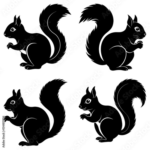 Four stylized black squirrels with bushy tails in various poses on a white background design element