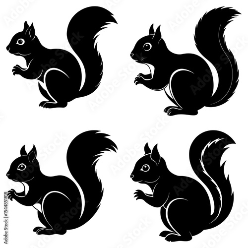 Four black squirrel silhouettes with bushy tails on a white background in a symmetrical arrangement