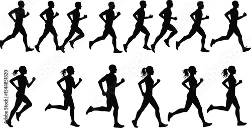 Silhouettes of men and women running, athletic people in motion, fitness exercise, jogging action, training workout poses, health activity, black vector illustration, marathon concept clipart
