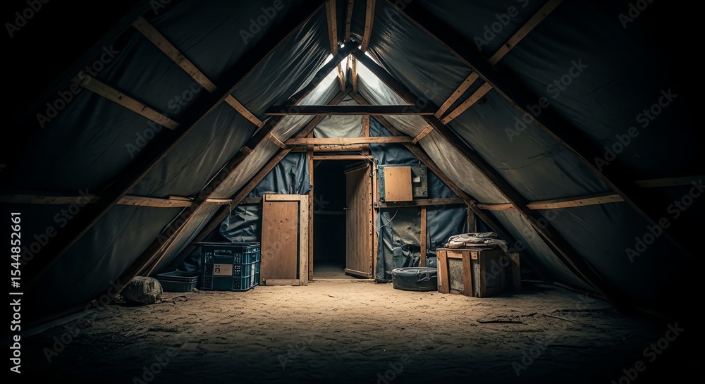 Naklejka premium Dark and Dusty Attic Interior with Wooden Beams