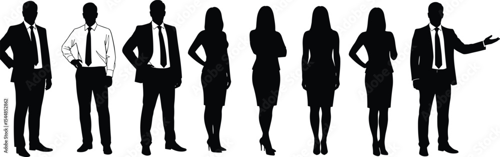 Silhouettes of professional business people, male and female executives in formal attire, standing in various poses, team concept, corporate illustration, leadership, management, Silhouettes of professional business people, male and female executives in formal attire, standing in various poses, team concept, corporate illustration, leadership, management,