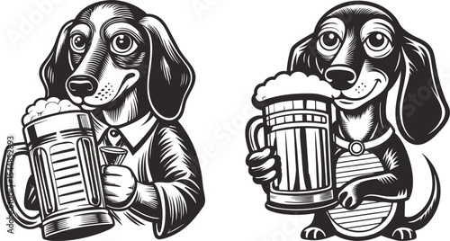 Dachshunds enjoying frosty mugs of beer one in a shirt the other casually