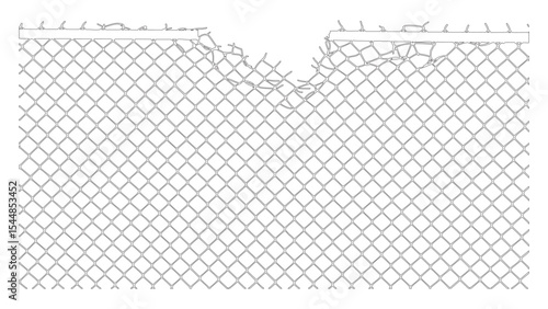 Vector outline of torn security chainlink fence with hole