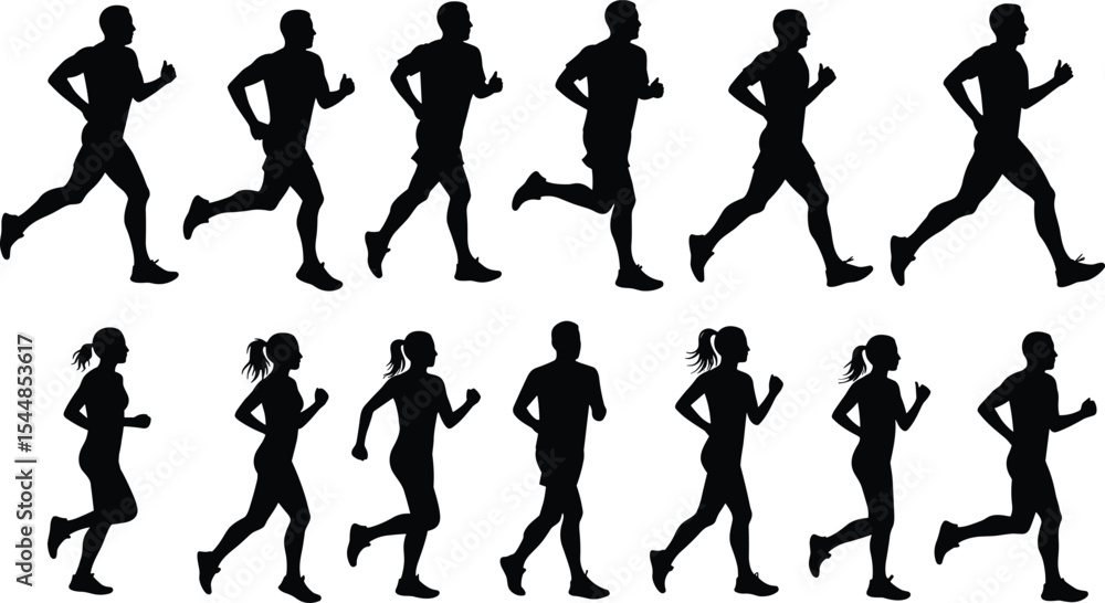 Naklejka premium Silhouette of people running in motion, male and female joggers in various poses, fitness activity illustration, black vector runners on white background, healthy lifestyle concept art