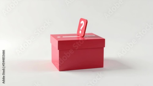 A pink mystery box with a question mark card inserted in the slot, set against a neutral background.