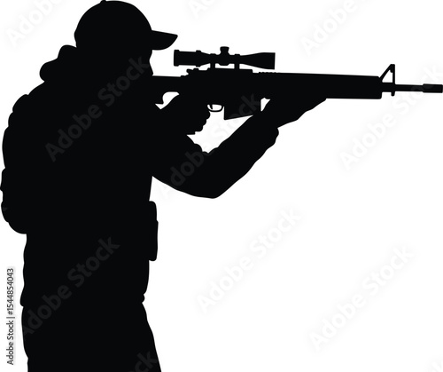 Silhouette of armed soldier aiming rifle, military sniper in tactical gear, combat shooting pose, isolated black vector illustration, war training concept, battlefield marksman accuracy posture
