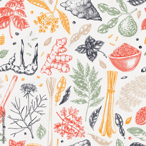 Herbs and spices background in sketch style. Hand drawn vector illustration. Vintage food seamless pattern. NOT AI generated