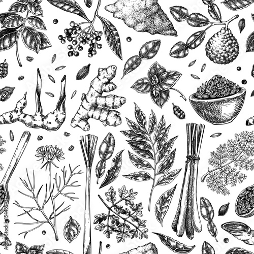 Murais de parede Herbs and spices background in sketch style