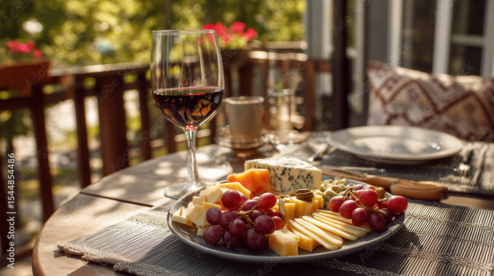 On the backyard deck, a table holds a thoughtfully arranged cheese platter and a glass of wine, capturing the essence of outdoor dining.
On the backyard deck, a table holds a thoughtfully arranged cheese platter and a glass of wine, capturing the essence of outdoor dining.