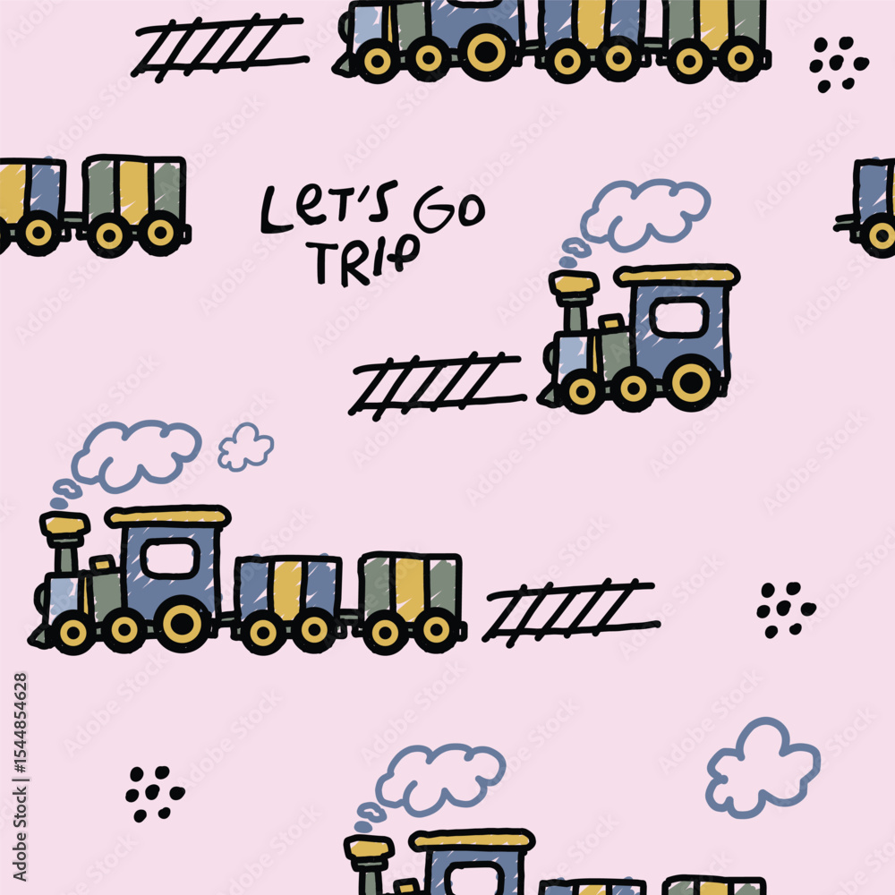 Naklejka premium cute train doodle vector background seamless.eps