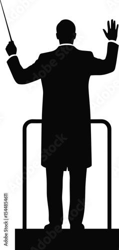 Silhouette of orchestra conductor on podium, holding baton, directing music performance, classical concert leader illustration, artistic black vector design, symphony maestro gesture, 