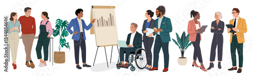 Set of diverse business team members interacting—talking, meeting, presenting, brainstorming. Includes multiracial men, women, and person in wheelchair. Isolated on transparent background.