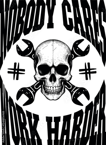 Cool skull mechanic vintage design print tshirt, Funny mechanic design with quote 'Nobody Cares Work Harder' comes with skull and mechanical tools vector typography.