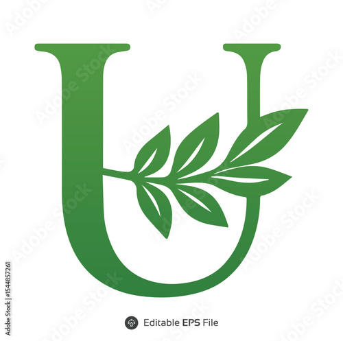 Green Letter U with Leaf Branch Design Element uppercase U