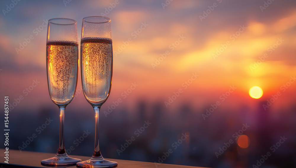 Romantic Toast with Champagne at Sunset Over City Romantic Toast with Champagne at Sunset Over City