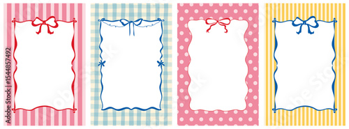 Coquette vintage hand-drawn frames with whimsical lines, bows, ribbons. summer vacation aesthetic. Colorful minimalist line borders, postage stamp . Vector template for poster, invitation, card.