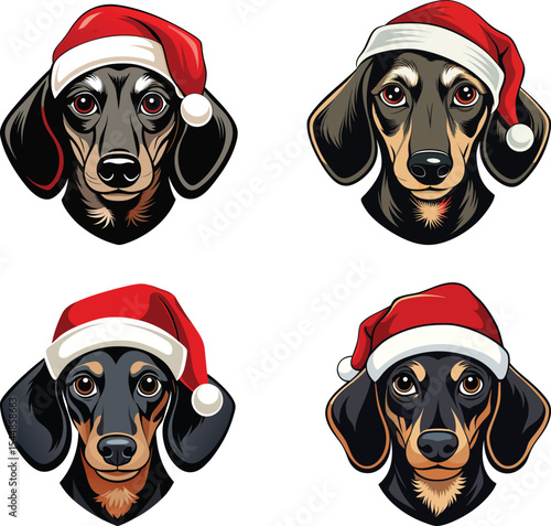 Dachshunds wearing Santa hats for Christmas vector illustration 